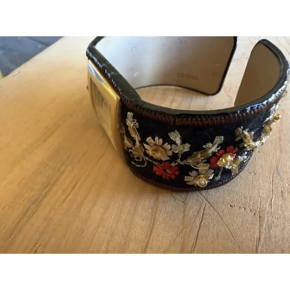 Avon Embellished Cuff Watch Vintage Black Flower